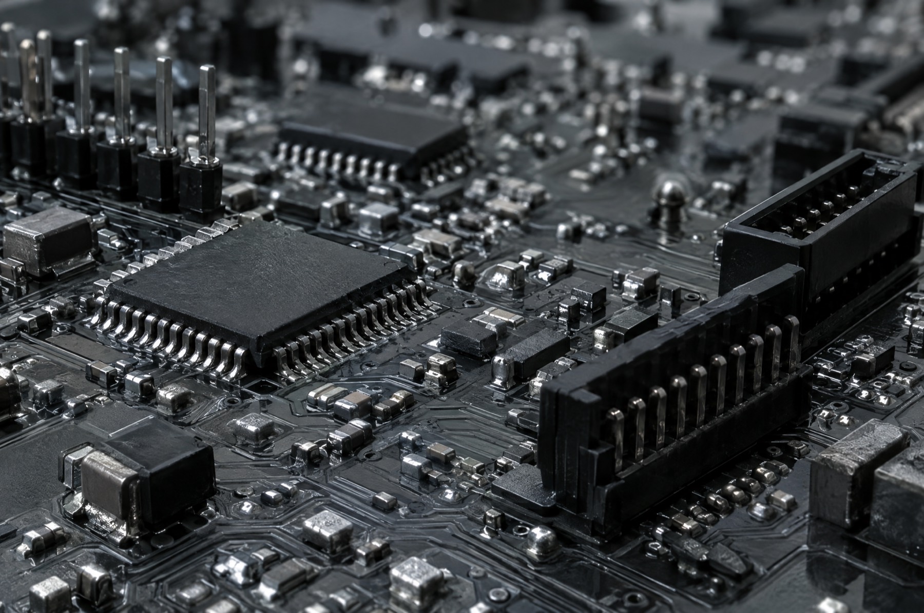 Close view of a circuit board, connectors and solder joints